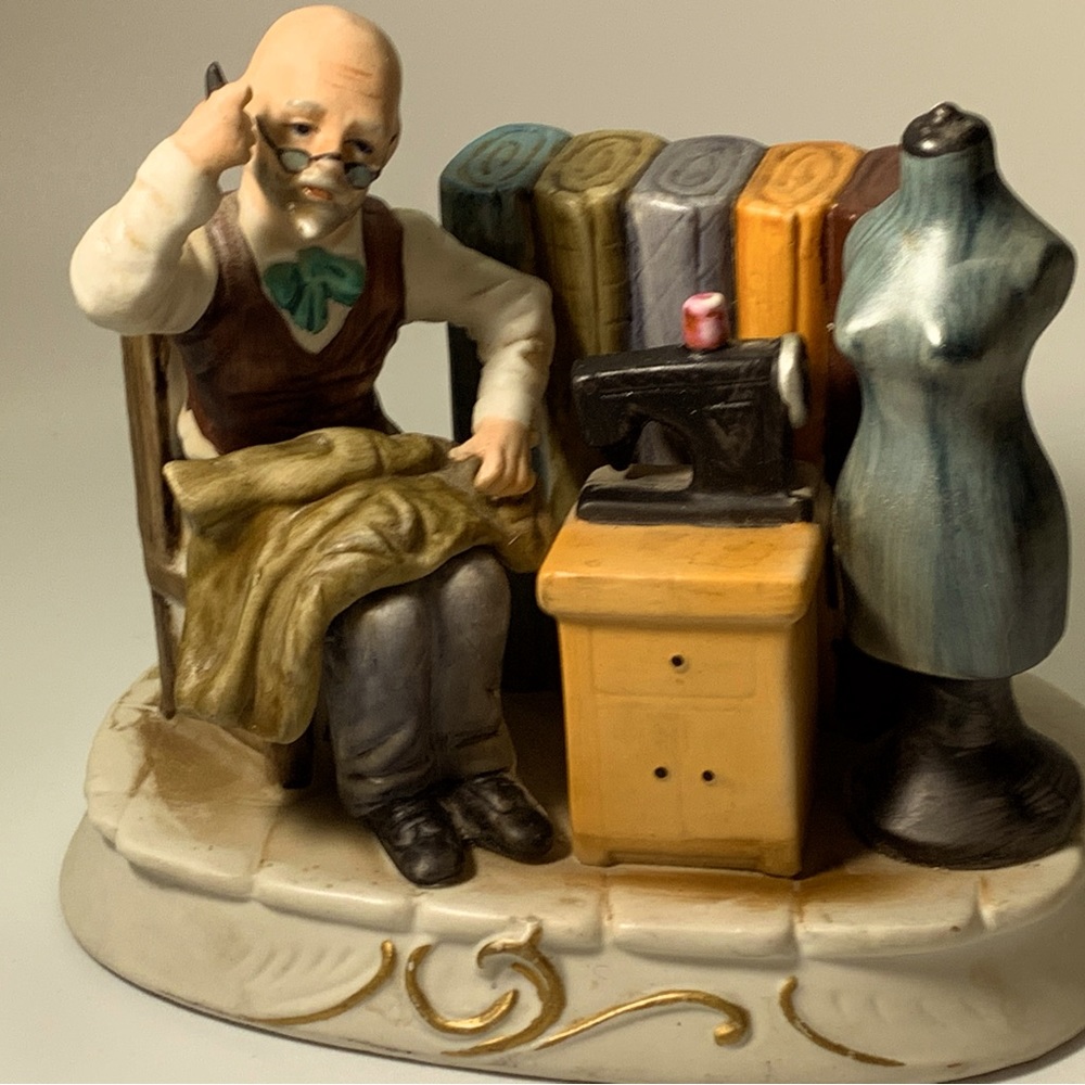 Vintage Figurine Thinking Tailor Man Sewing Machine Fabric Bolts Porcelain Gold